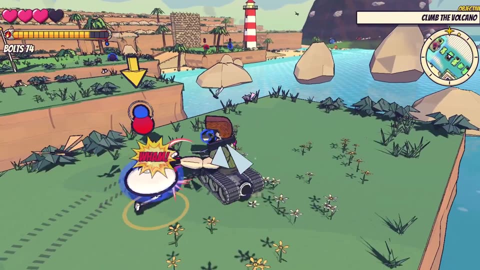 Tank Bro punches a Bomb Bird with a red and blue ball stack over its head. WHAM!