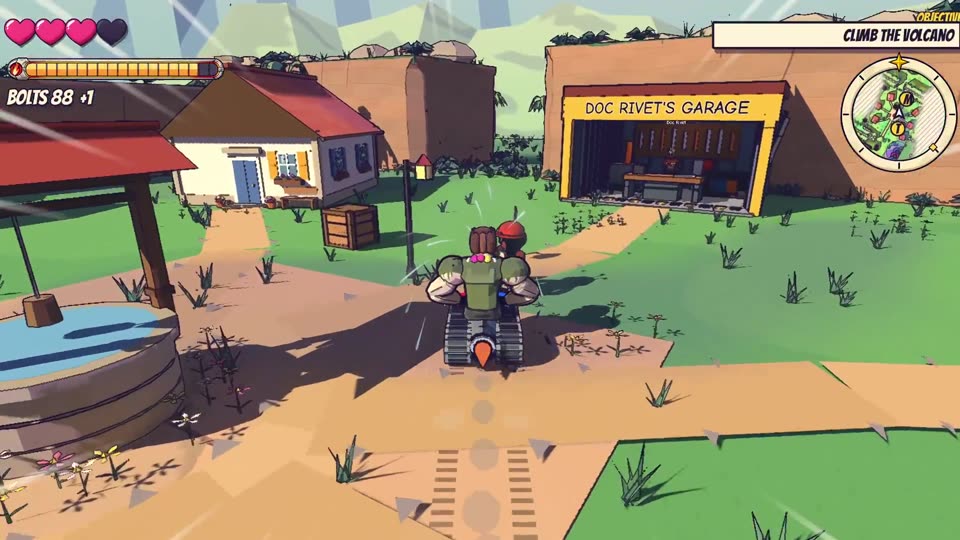 Tank Bro rolls through the village toward Doc Rivet's Garage.