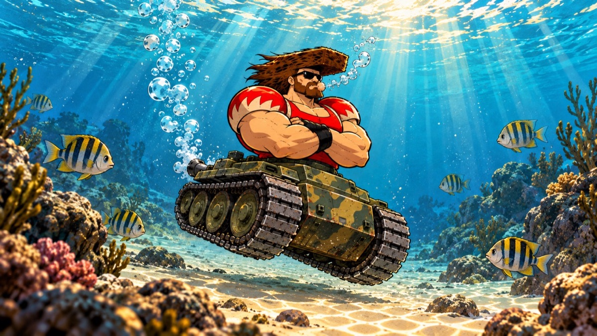 Tank Bro sinking in the sea, painted as a comic panel.