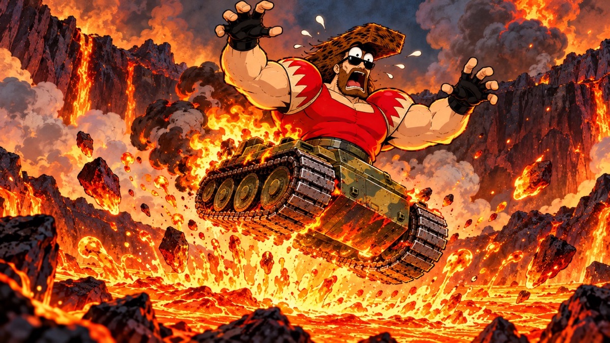 Tank Bro sinking into lava, painted as a comic panel.