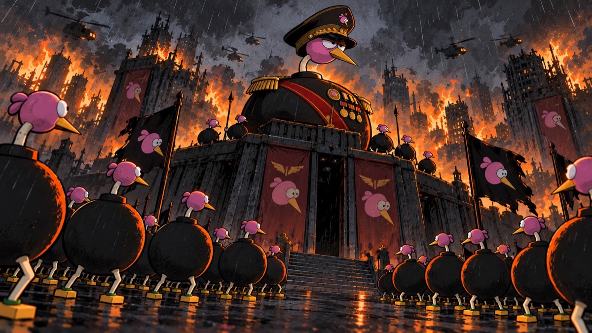 The Bomb Bird dictator in a huge general's cap above his army.