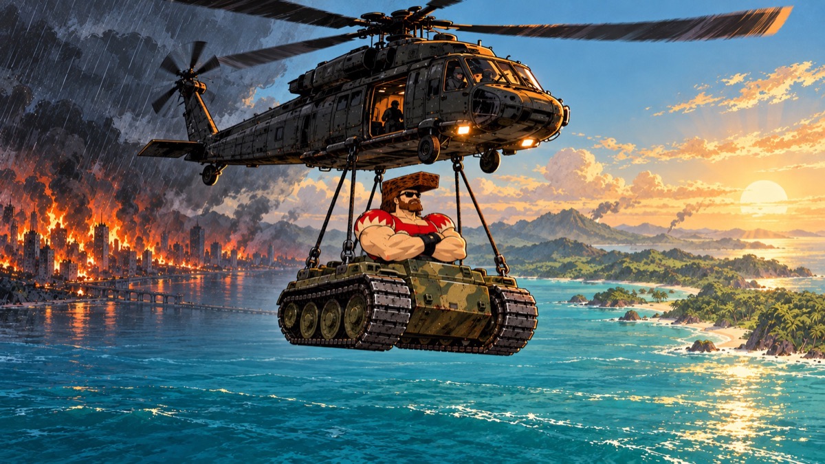 A helicopter carries Tank Bro over the sea toward the green coast of Cabarete at dawn.